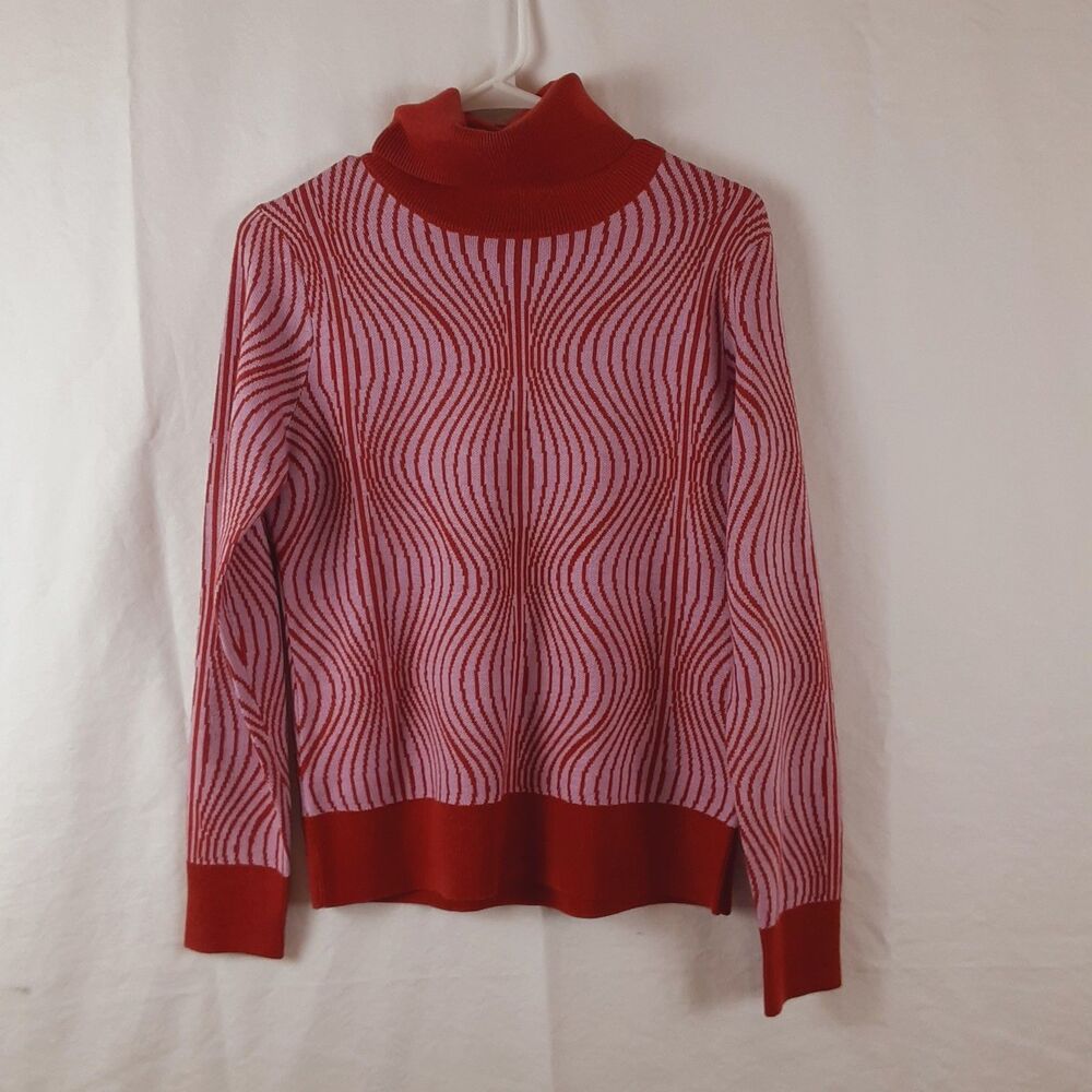 Saunders Collective Womens Medium Turtleneck Sweater Red Pink Geometric Design